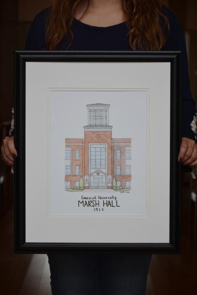 A watercolor print of Concord University's Marsh Hall