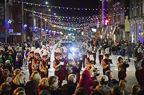 The Concord University Marching Band performing at the Princeton Holiday Parade