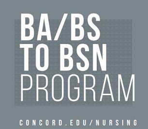 A gray graphic that says BA / BS to BSN Program concord . edu / nursing