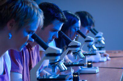 Biology students looking through microscopes