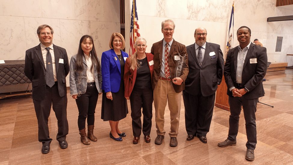 Dr. Stephen Kuehn, associate professor of Geology/director CU Electron Microprobe Laboratory; Dr. Hong Yin, associate professor of Chemistry; Dr. Kendra Boggess, Concord University President; Dr. Alice Hawthorne Allen, professor of Physics, College Dean, and director for the Center of Teaching and Learning; Dr. Joseph Allen, award recipient; Dr. Edward Huffstetler, Provost; and Dr. Rodney Tigaa, assistant professor of Chemistry. Photo by Bowles Rice LLP.