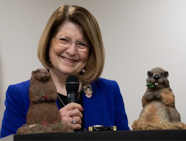 Concord University President Dr. Kendra S. Boggess pictured with Concord Charlie at the annual Groundhog Day breakfast