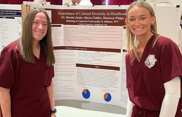 Nursing students Marin Fiddler and Shannon Phipps present their research at Undergraduate Research Day 2024