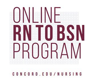 A white graphic that says Online RN to BSN Program concord . edu / nursing