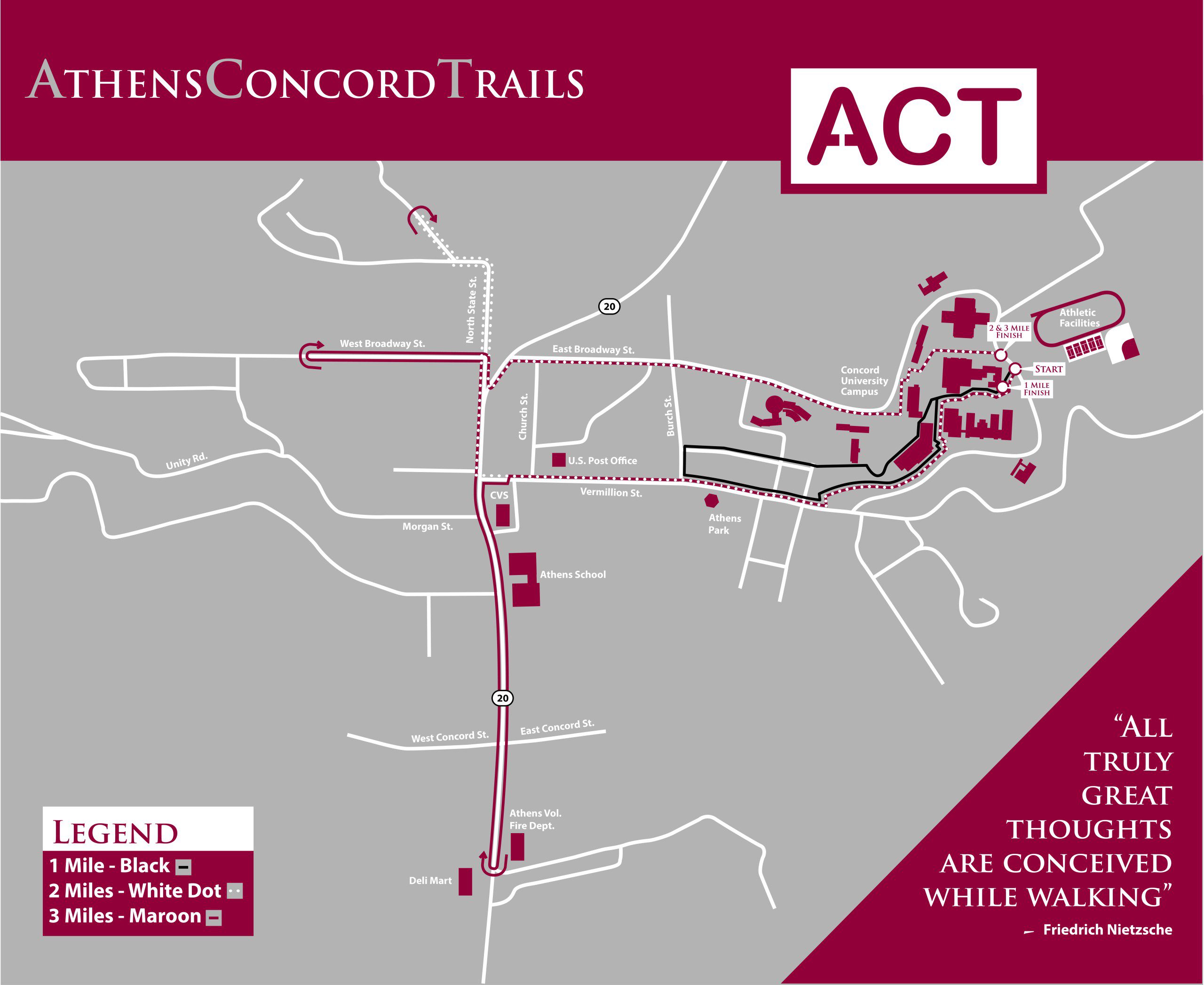 A map of the Athens Concord Trails that run through campus and the town of Athens