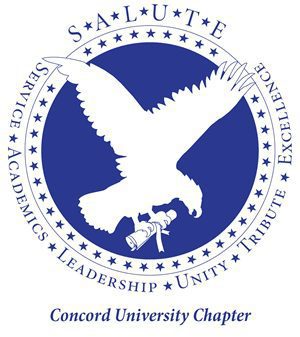 SALUTE Concord University chapter seal. A blue circle with an eagle in the center, surrounded by the words Service | Academics | Leadership | Unity | Tribute | Excellence