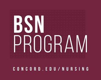 A maroon graphic that says BSN Program concord . edu / nursing